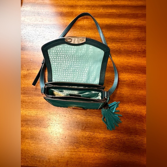 Teal Kate Spade leather bag with velvet flap and gold studs and tassel - Picture 2 of 5